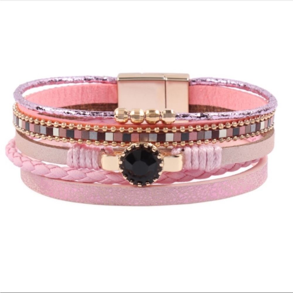 Pink Layered Faux Leather Magnetic Bracelet